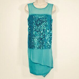 DKNY Silk Sequin Cocktail Dress Sz S Asymmetrical Chiffon Hem Elegant Luxury